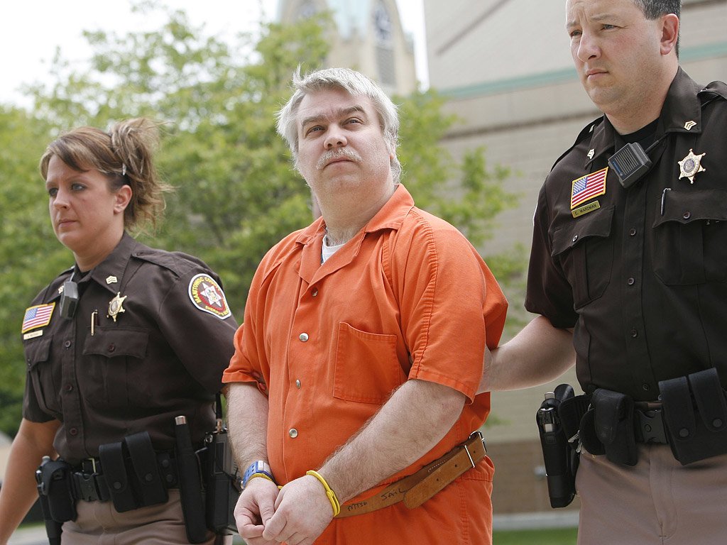 Steven Avery,flanked by two officers in this photo, was wrongfully convicted for rape in 1985. He was later proven innocent after spending eight years in prison. Credit: AP